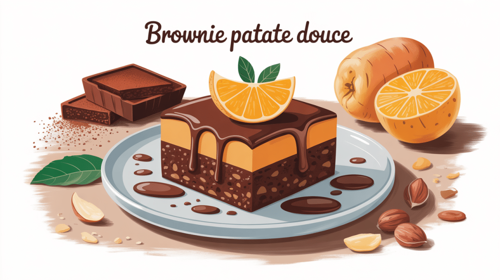 brownie patate douce fondant entouré d'ingrédients clés