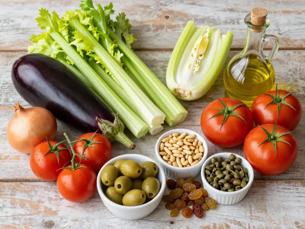 Ingrédients caponata sicilienne de ma grand-mère sur table