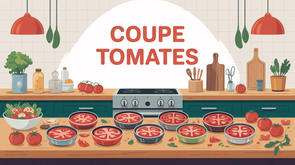 Illustration coupe tomates sur plan travail cuisine moderne