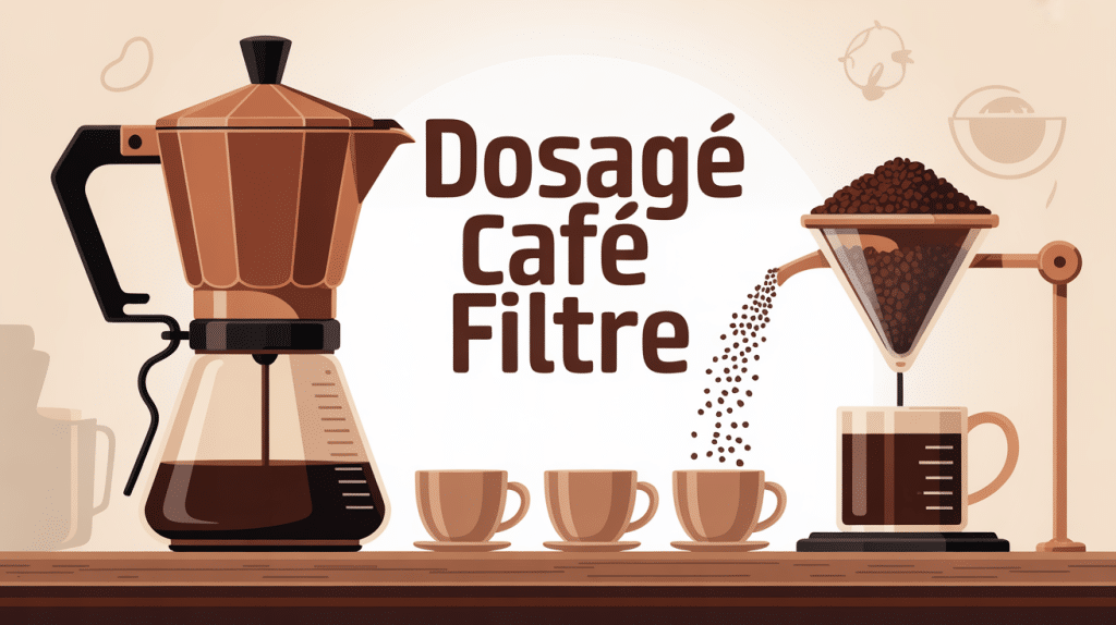Illustration dosage café filtre cafetière balance et cuillère