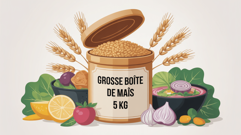 grosse boîte de maïs 5 kg ouverte avec grains dorés et éléments culinaires