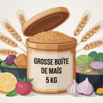 grosse boîte de maïs 5 kg ouverte avec grains dorés et éléments culinaires