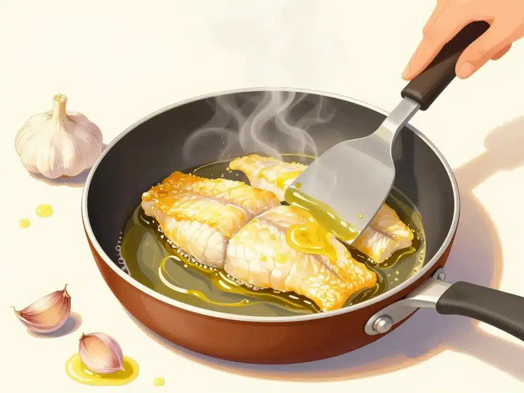 morue à l'ail à la poêle bien dorée étape cuisson