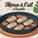 morue à l'ail à la poêle dans une poêle dorée avec ail et persil