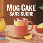 Mug cake sans sucre entouré d'ingrédients naturels