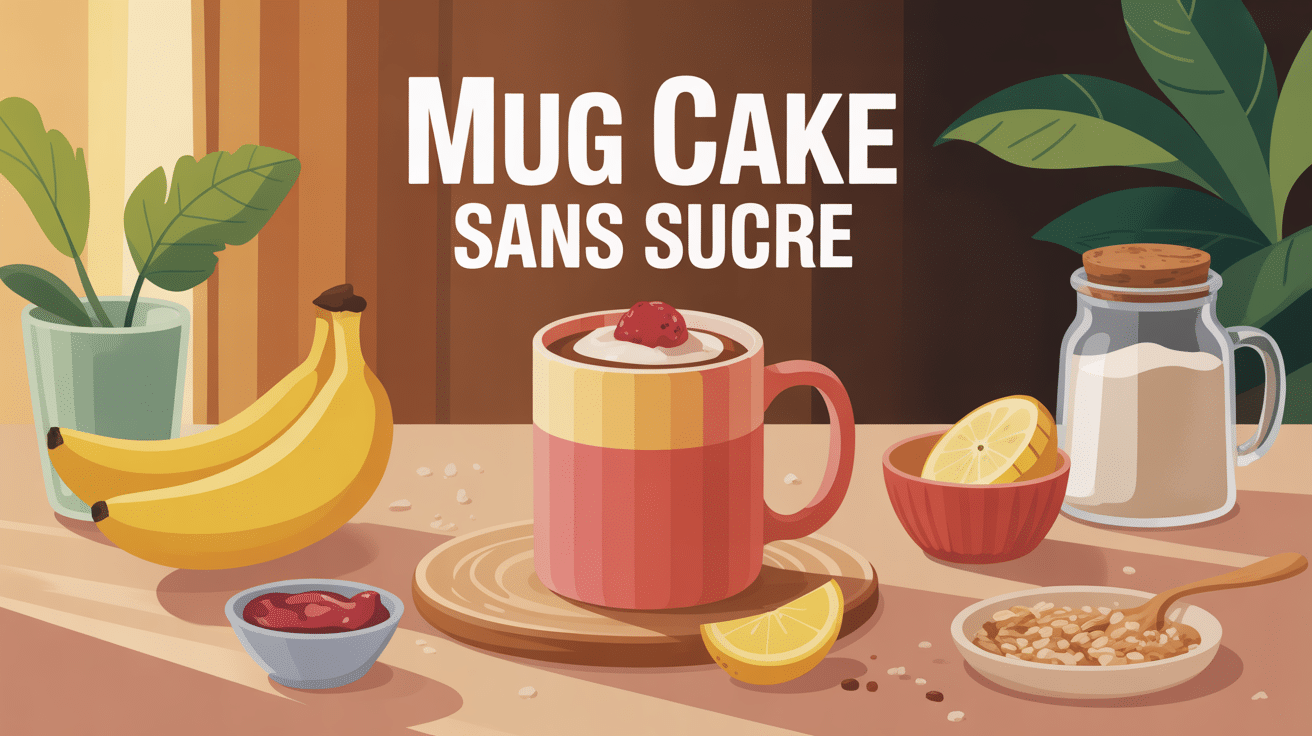 Mug cake sans sucre entouré d'ingrédients naturels