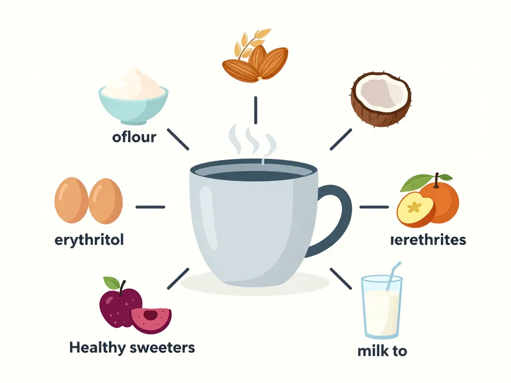 Mug cake sans sucre avec ingrédients clés en diagramme