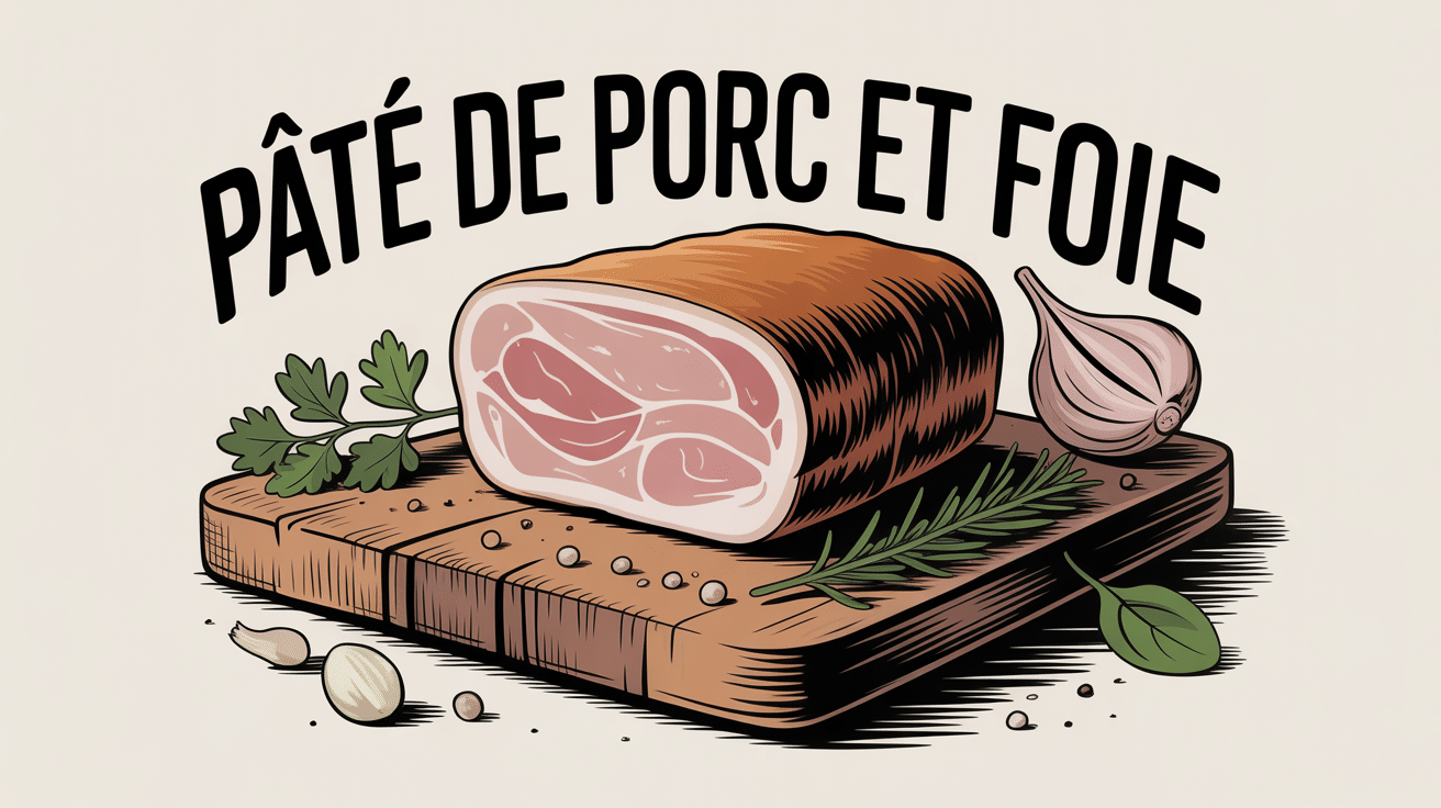 illustration de paté de porc et foie artisanal sur planche avec herbes