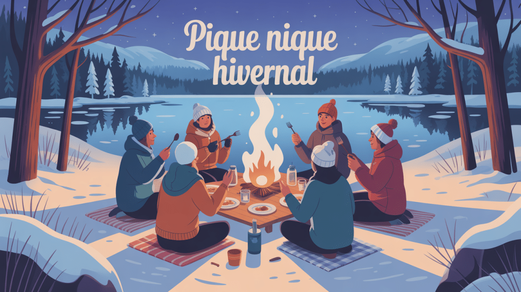 pique nique hivernal illustration groupe autour d’un repas chaud