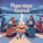 pique nique hivernal illustration groupe autour d’un repas chaud