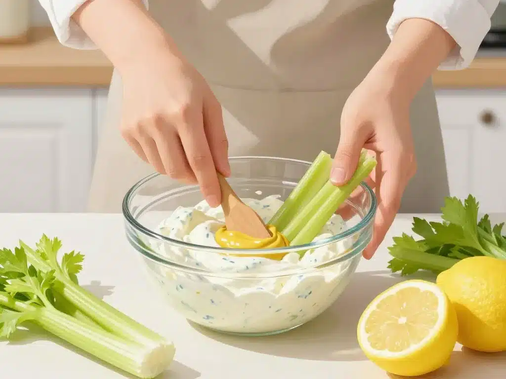préparation sauce céleri rémoulade yaourt dans bol avec ingrédients