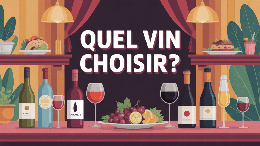 illustration quelle vin choisir, vins variés et plats sur table