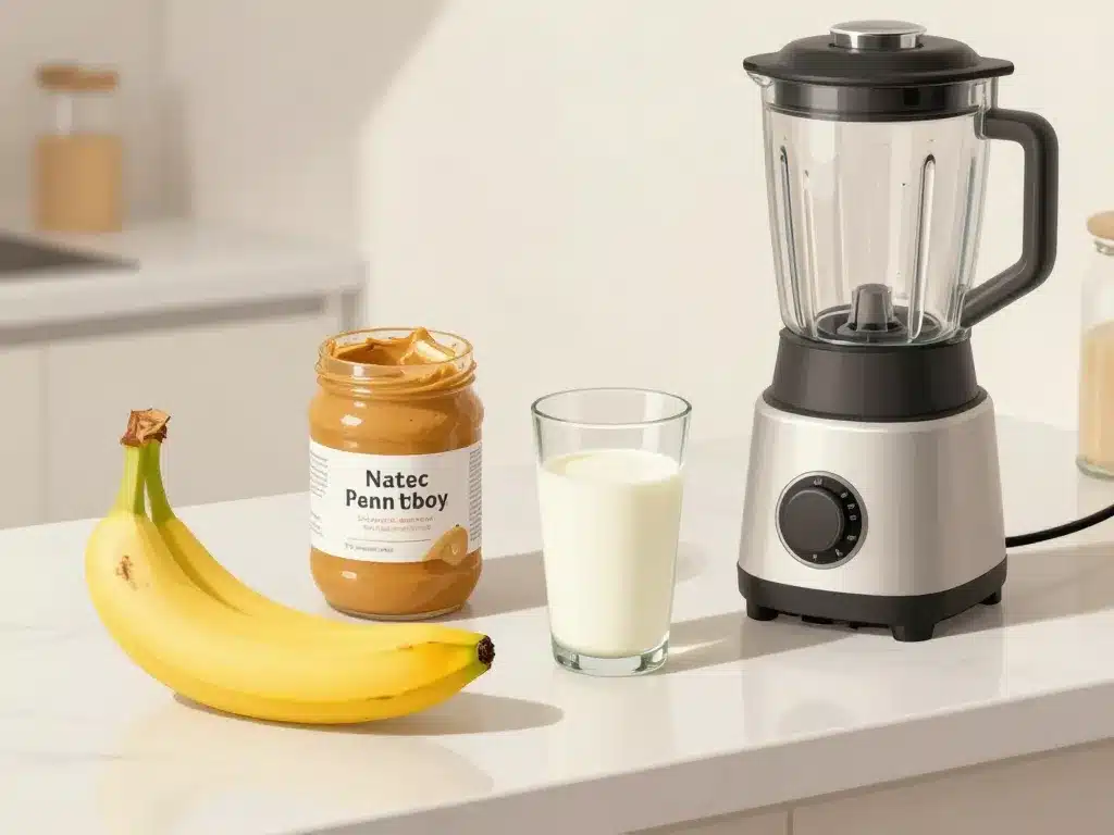 ingrédients smoothie banane beurre de cacahuete sur plan de travail