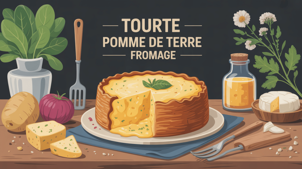 tourte pomme de terre fromage dorée et fondante entourée d’ingrédients