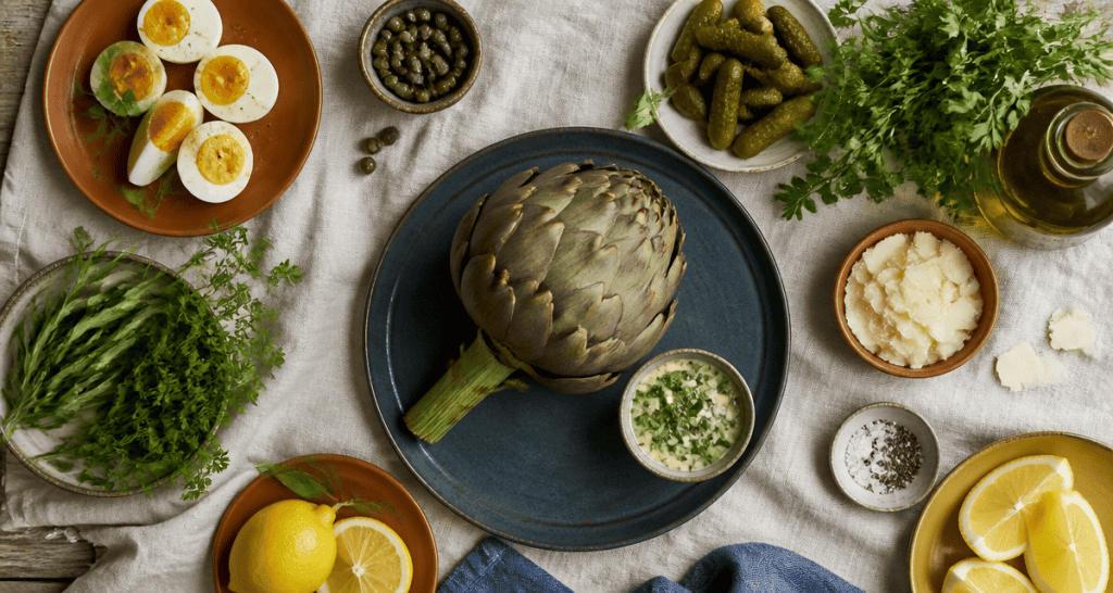 accompagnement artichaut avec sauce gribiche et ingrédients