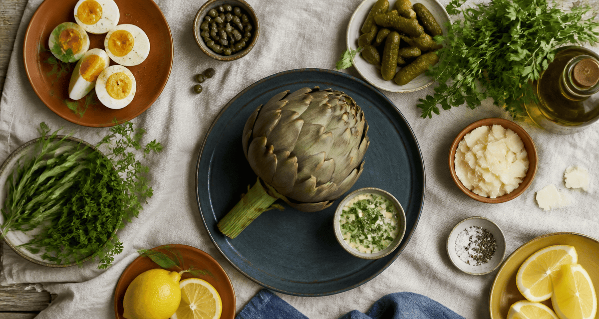 accompagnement artichaut avec sauce gribiche et ingrédients