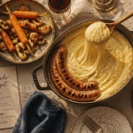 Aligot accompagnement sur table avec légumes et saucisse