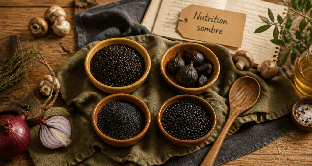 aliments noirs sur table rustique, riz Venere, ail noir, sésame noir, lentilles Beluga