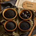 aliments noirs sur table rustique, riz Venere, ail noir, sésame noir, lentilles Beluga