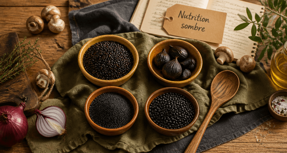 aliments noirs sur table rustique, riz Venere, ail noir, sésame noir, lentilles Beluga