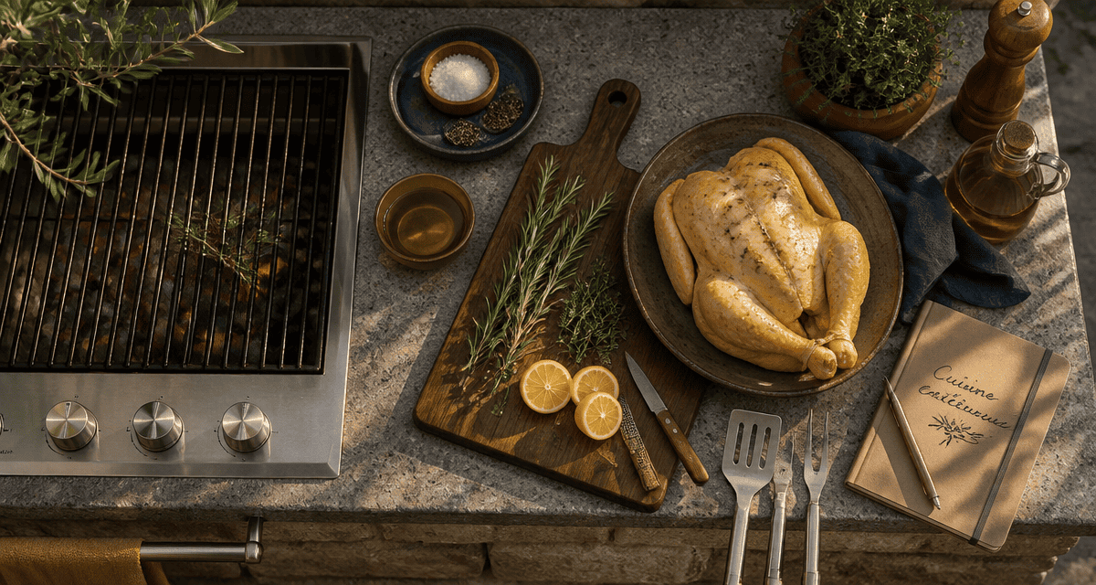 Barbecue cuisine extérieure avec plan de travail et ingrédients