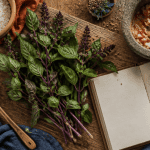 Bouquet de basilic thaï frais avec graines et mortier