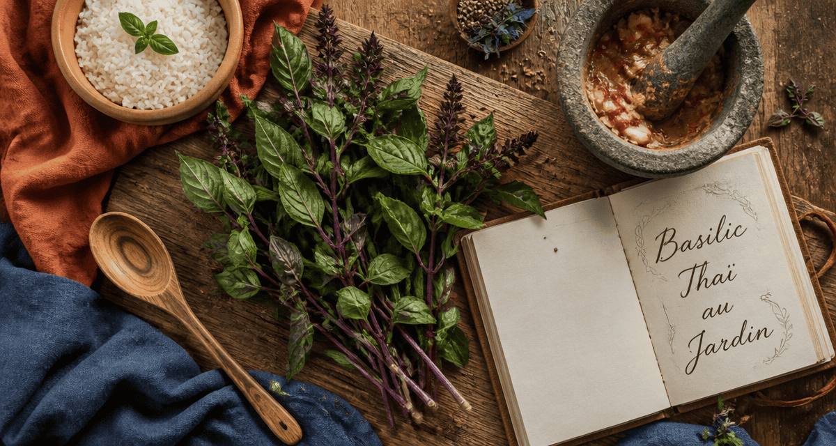 Bouquet de basilic thaï frais avec graines et mortier