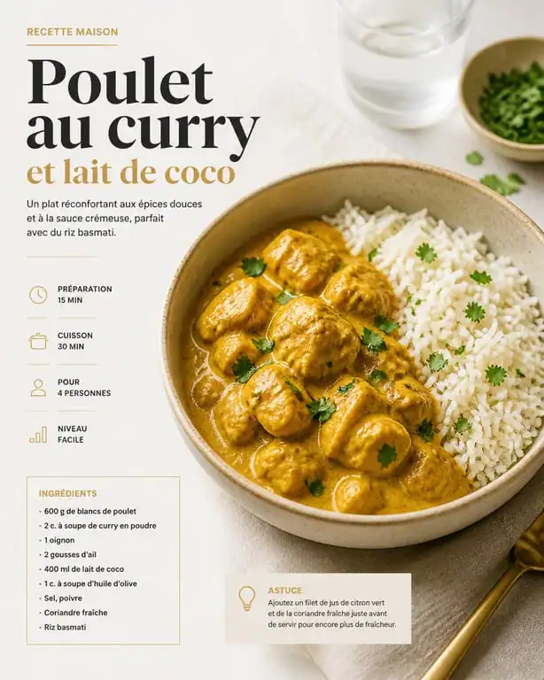 Poulet curry coco réalisé avec le robot Monsieur Cuisine Connect servi avec du riz basmati