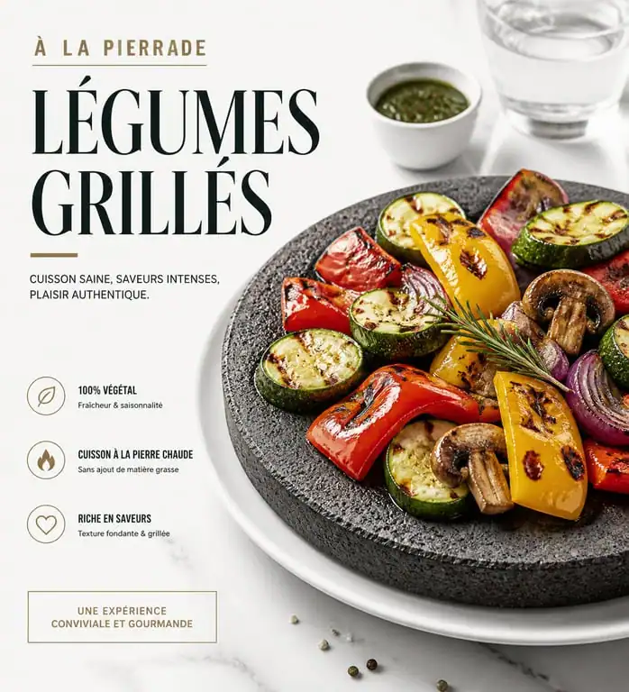 Pierrade de légumes grillés colorés sur pierre chaude