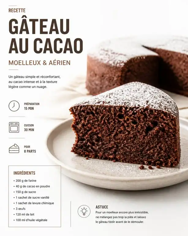 Gâteau au cacao moelleux fait maison, recette simple et rapide