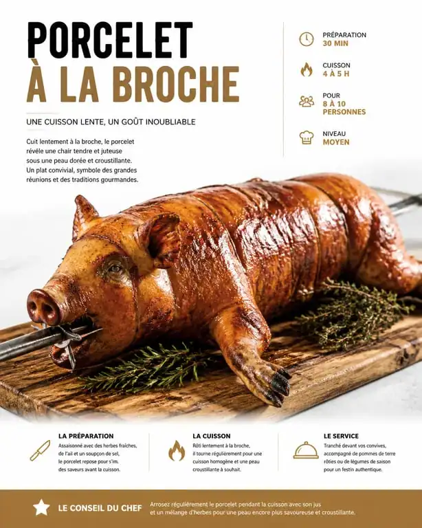 Porcelet à la broche doré et croustillant prêt à être servi