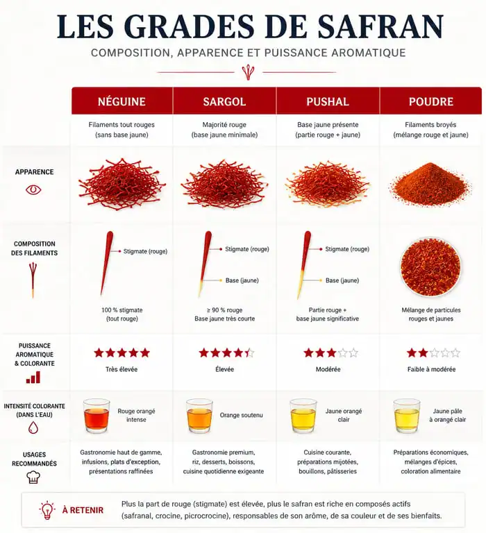 Infographie comparative des grades de safran pour bien acheter son safran de qualité