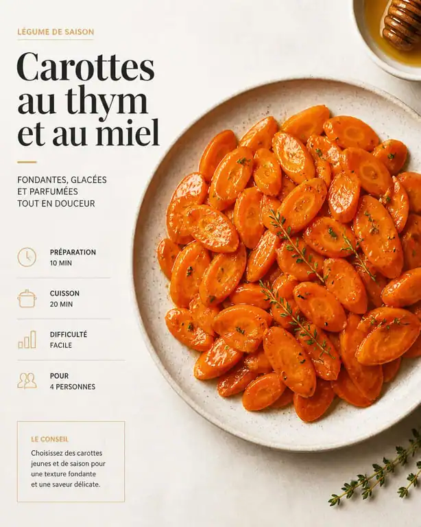 Carottes émincées fondantes au thym et au miel dressées dans une assiette