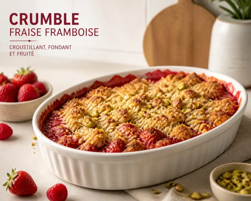 Crumble fraise framboise maison avec éclats de pistaches dans un plat en céramique