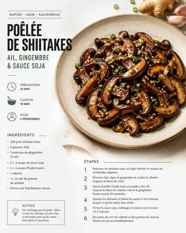 Poêlée de shiitakes à l'ail et gingembre, recette de champignons sautés