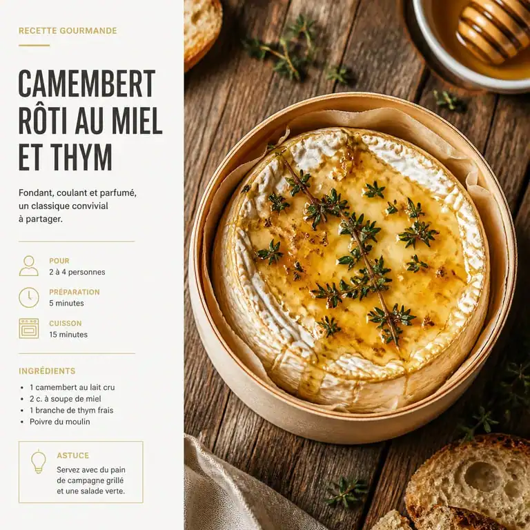 Camembert rôti au four au miel et thym, prêt à être dégusté