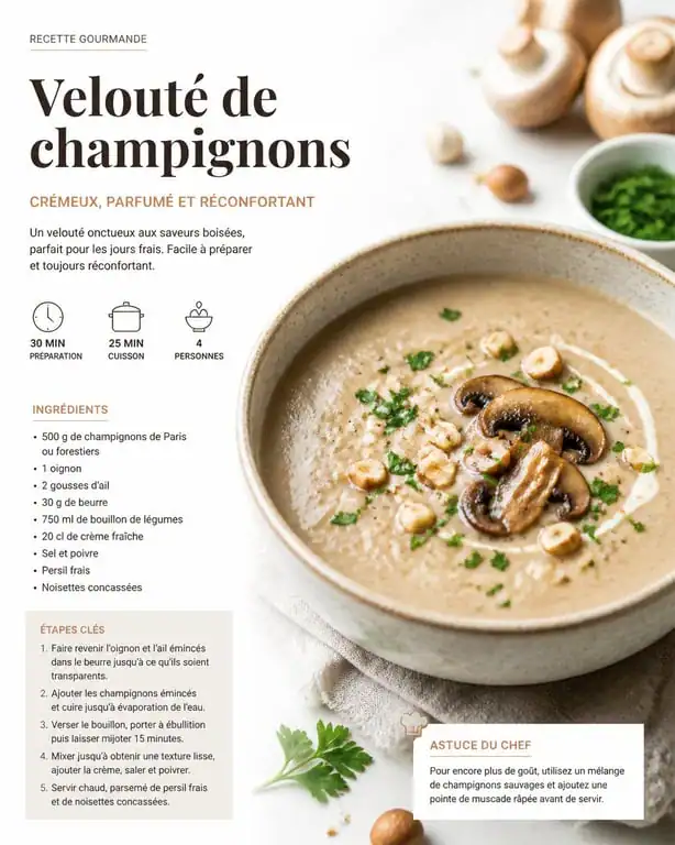 Velouté de champignons maison préparé au Thermomix dans un bol élégant