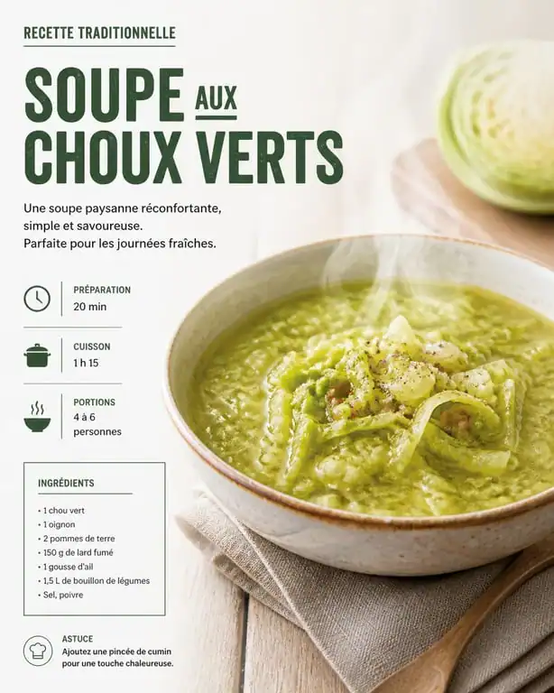 Soupe aux choux verts traditionnelle dans une assiette rustique