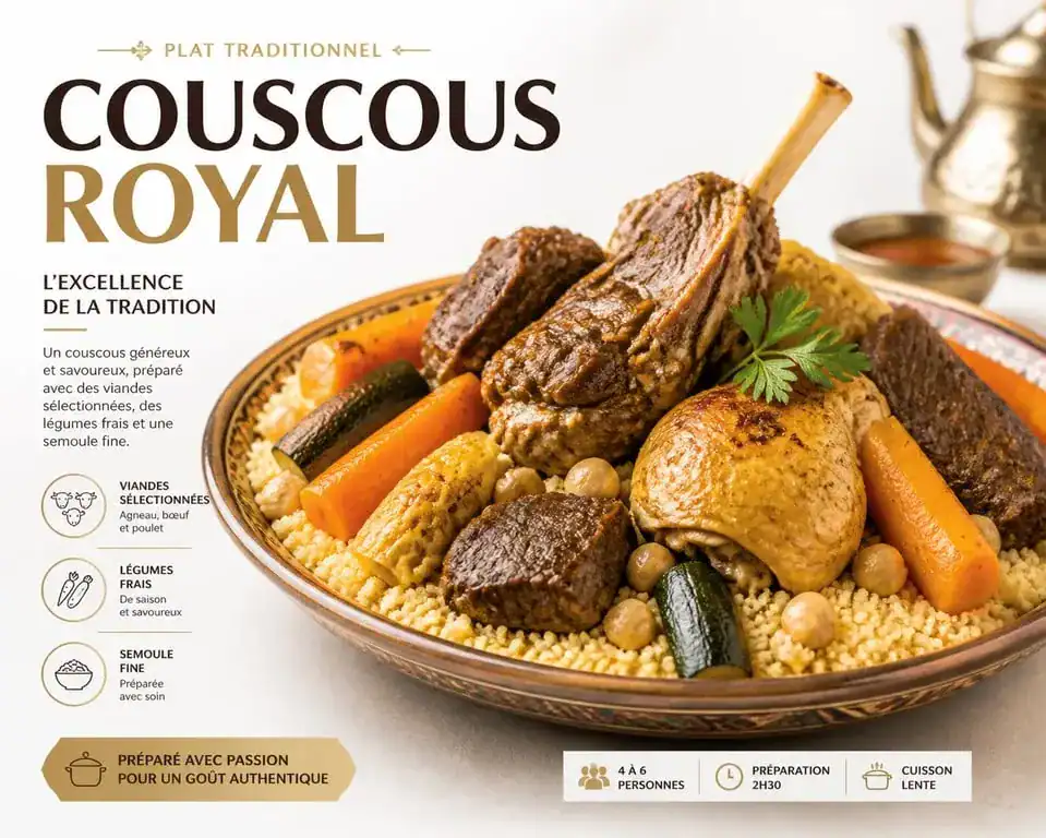 Assiette de couscous royal traditionnel avec différents types de viandes pour le couscous