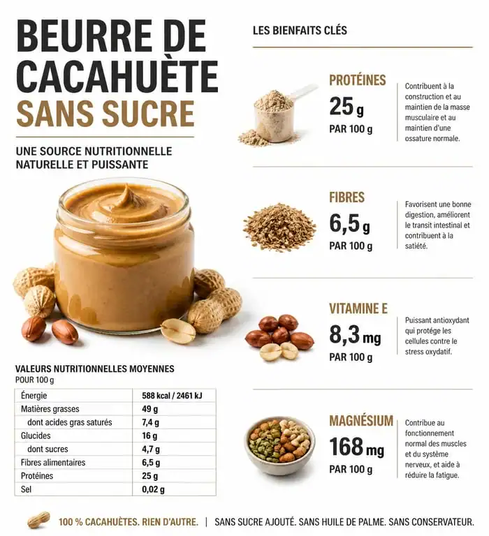 Infographie des bienfaits nutritionnels du beurre de cacahuète sans sucre pour la santé