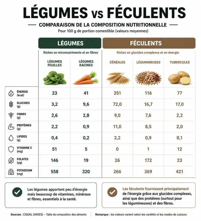 Infographie comparative : distinction entre légumes et féculents pour une alimentation équilibrée
