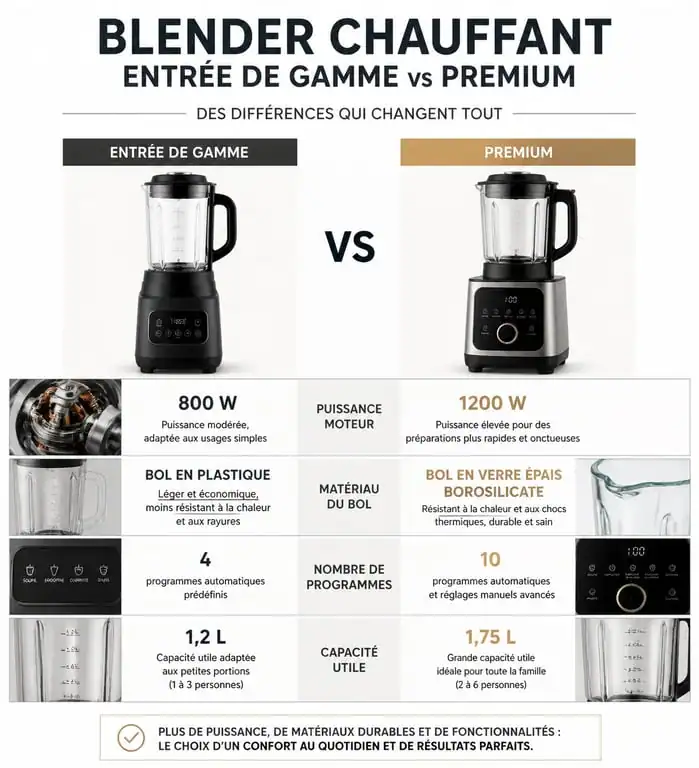 Comparatif technique des meilleurs blenders chauffants : entrée de gamme vs premium