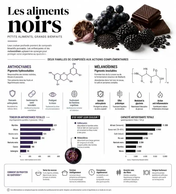 Infographie des bienfaits nutritionnels et antioxydants des aliments noirs pour la santé