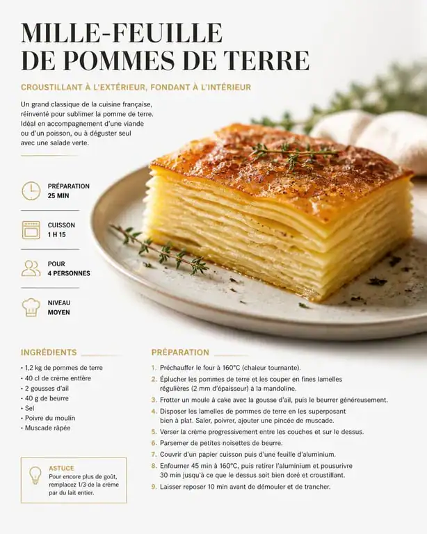 Mille-feuille de pommes de terre croustillant et fondant prêt à être servi