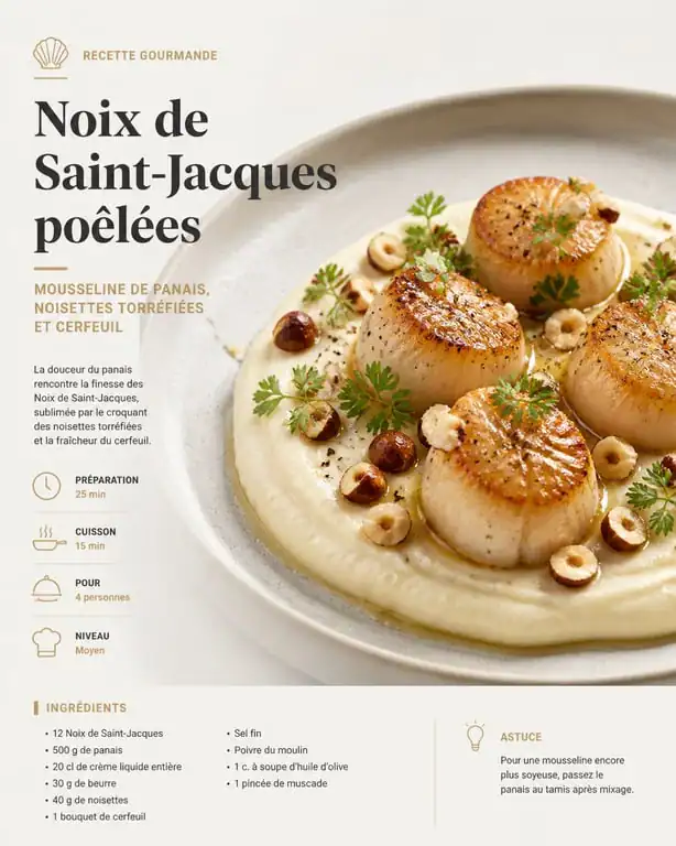 Noix de Saint-Jacques poêlées sur mousseline de panais