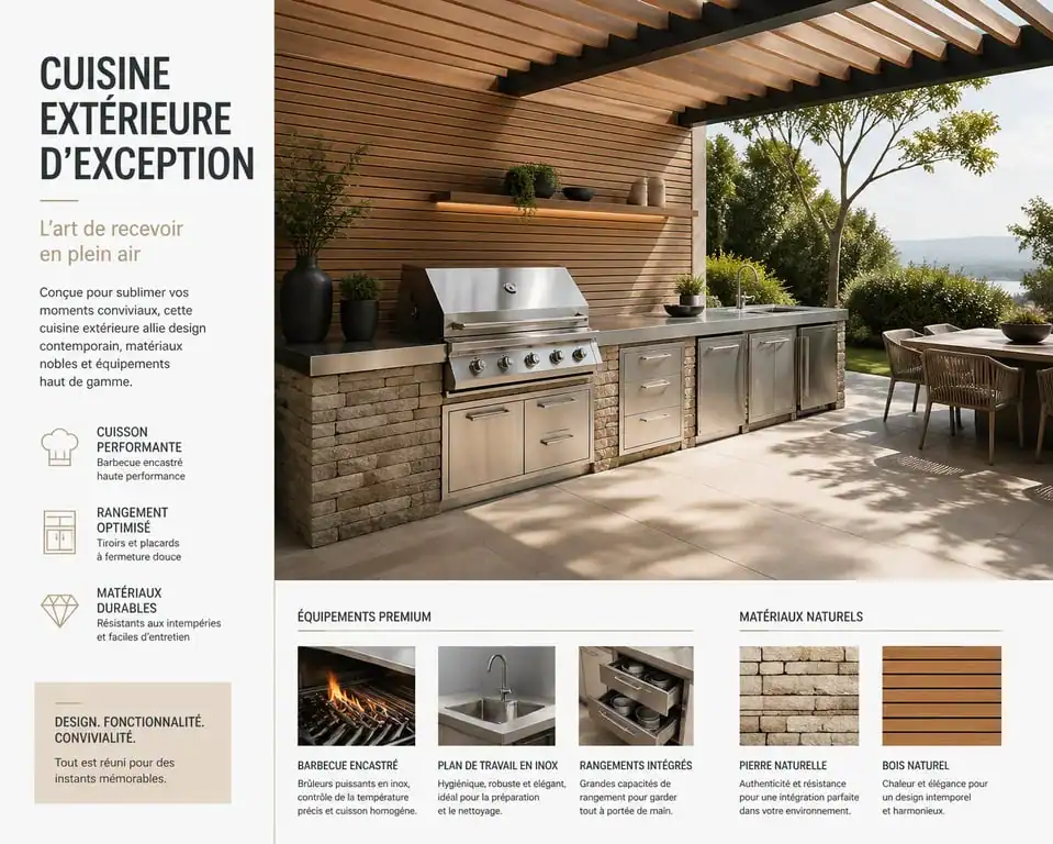 Exemple d'aménagement d'une cuisine extérieure avec barbecue