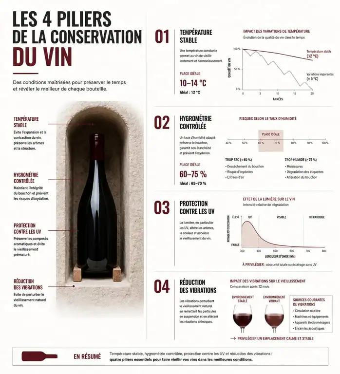 Infographie des critères techniques pour choisir une cave à vin de conservation