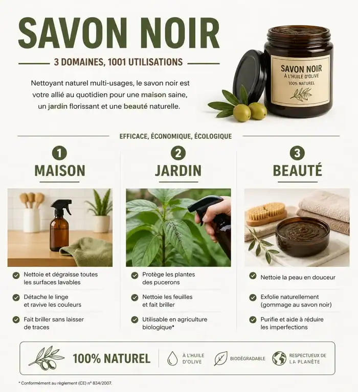 Infographie sur les différentes utilisations du savon noir pour la maison, le jardin et la beauté