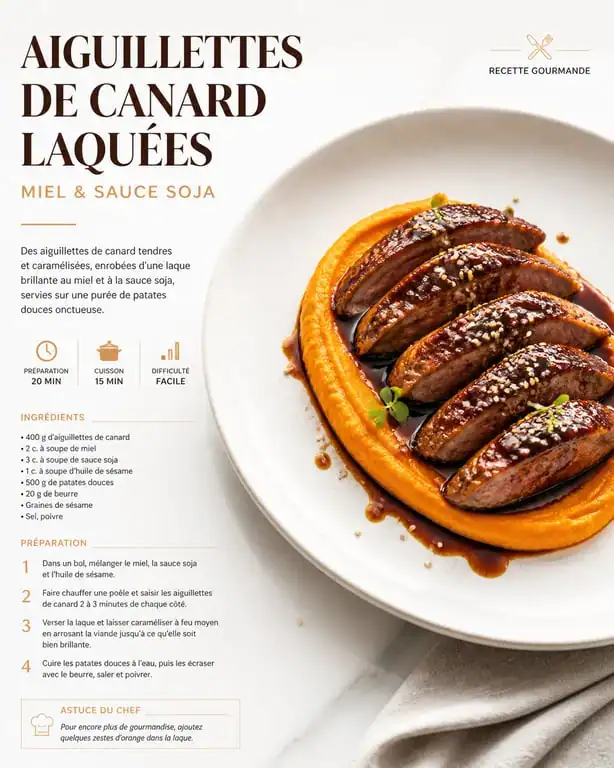 Menu un dîner presque parfait : aiguillettes de canard et purée de patates douces dressées façon gastronomique