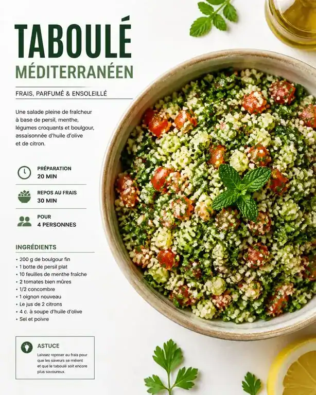 Recette taboulé méditerranéen frais et coloré dans un bol